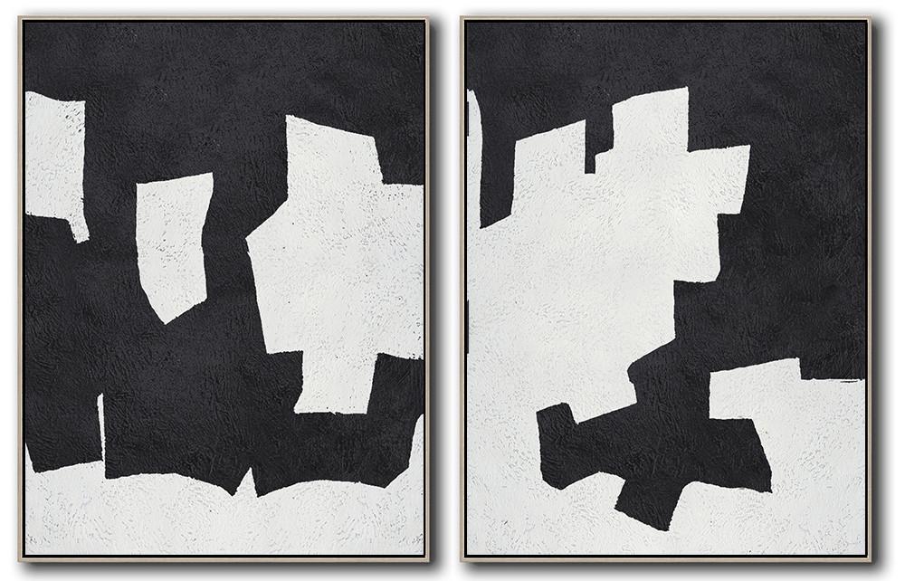 Hand-Painted Set Of 2 Minimal Painting On Canvas - Grey Abstract Painting Cafe Room Extra Large